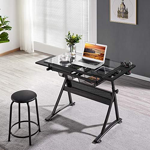 Adjustable Drafting Table with Stool, Tilting Glass Art Desk, Black