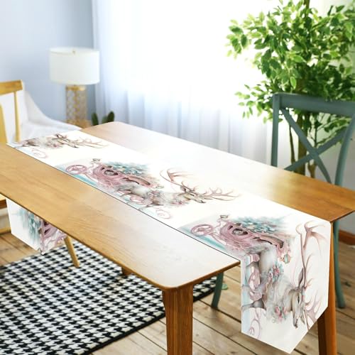 Senya Pink Christmas Elk Table Runner 14x108 Inches - Holiday Decor