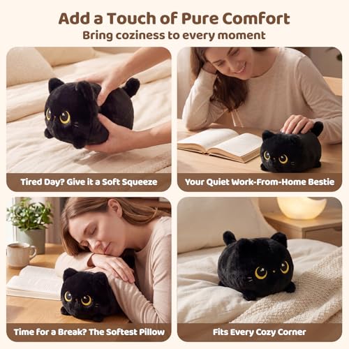 8-Inch Black Cat Plush Toy, Ultra-Soft Kawaii Stuffed Animal Pillow