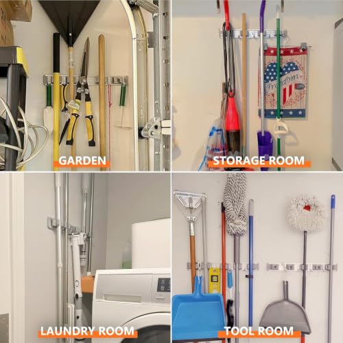Wall Mount Broom and Mop Holder Organizer with 4 Racks and 5 Hooks
