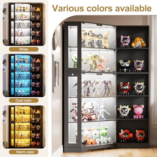 Corner Glass Display Cabinet with LED Lights and Adjustable Shelves
