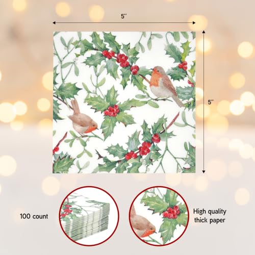Christmas Bird and Holly Cocktail Napkins - Pack of 100 for Holiday Parties