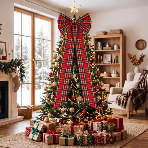 Junkin 20x12in Red Green Tartan Christmas Tree Topper Bow - 60in Overall For Large Trees