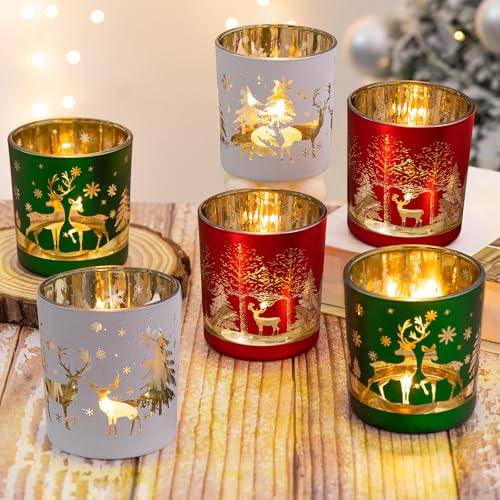 MJ PREMIER Christmas Matte Glass Votive Candle Holders Set of 6 - Holiday Table Decor