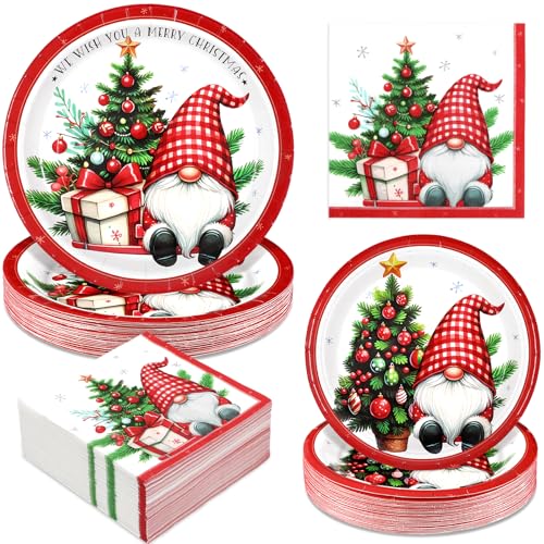 Homlouue Gnome & Christmas Tree 200-Piece Disposable Dinnerware Set - Plates & Napkins, Serve 50