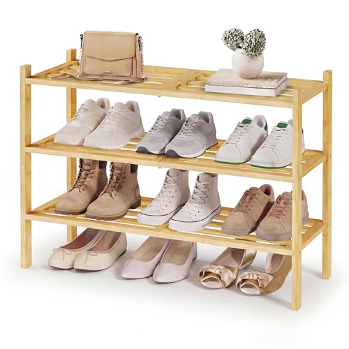3-Tier Bamboo Shoe Rack, Stackable Entryway Shoe Organizer Shelf