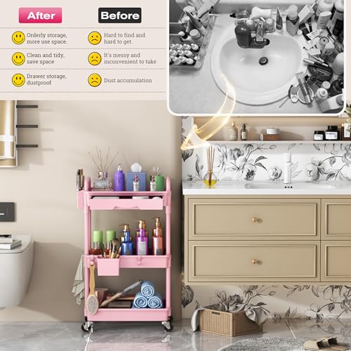 Goovilla 3-Tier Pink Makeup Organizer Cart with Removable Drawer and Lockable Wheels