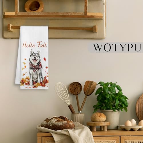 WOTYPU Husky-3 Fall Kitchen Towels, Dog & Maple Leaf Design, 16x24 Inch