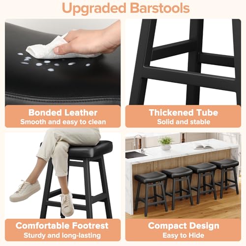 24-Inch Counter Height Bar Stools - Set of 2 Bonded Leather Saddle Stools