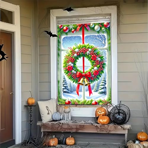 BlissYard Colorful Christmas Window Panel 31x47 Inch Snow Scene Holiday Decor