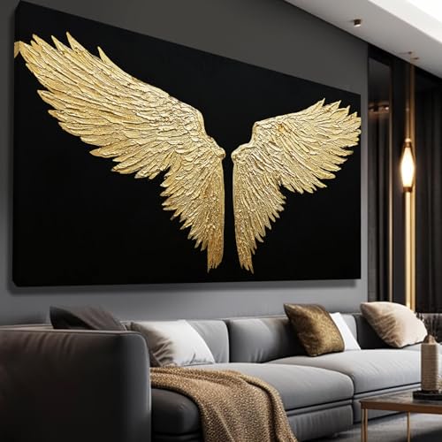 Large Abstract Bird Canvas Wall Art, Black and Gold Minimalist Painting