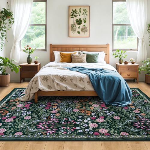 8x10 Washable Vintage Floral Area Rug - Non-Slip Dark Green Carpet