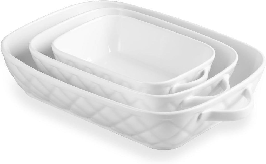 Sweejar Casserole Dishes - Set of 3 Ceramic Baking Pans for Oven | Rectangular Bakeware, 12.2x9.2x2.5 Inches (White)