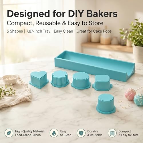 5-Piece Cake Pop Mold Set with Tray - 5 Shape Plunger Cutters for Baking