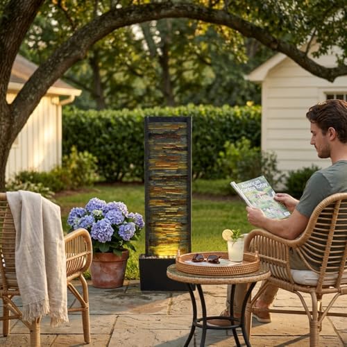 38-Inch Stone Wall Water Fountain with LED Lights for Indoor and Outdoor