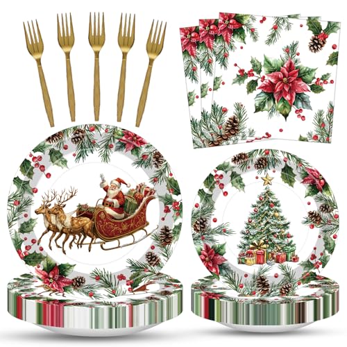 Vintage Christmas 100 Pcs Disposable Tableware Set – Serves 25, Santa Sleigh & Tree Plates, Napkins & Gold Forks (Tedercle, Variation: Vintage Christmas)
