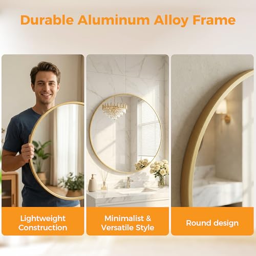 20 Inch Gold Round Wall Mirror - Shatterproof Circle Mirror for Bathroom