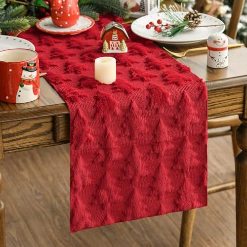 Artoid Mode Christmas Tree Table Runner 13x60 Inch Red Faux Plush Holiday Decor