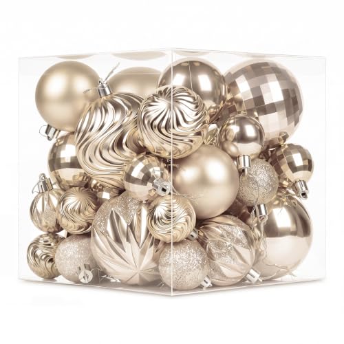 Brightown Champagne Gold Shatterproof Christmas Ornaments Set - 36 pcs, 6 Designs, 3 Sizes