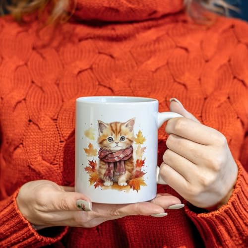 R.HORSE Fall Cat Coffee Mug 11.2oz Cute Ceramic Cat & Maple Leaf Design