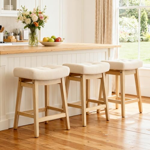 24-Inch Counter Height Bar Stools, Set of 3 Padded Fabric Saddle Stools