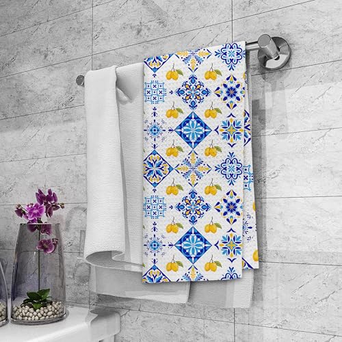 Dibor Italian Lemon Kitchen Towels Set of 2 - Mediterranean Decor, Yellow Lemon & Blue Tile, 16x24 Inches - Lemon4
