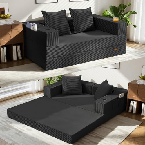 4-in-1 Convertible Floor Sofa Bed, 59-Inch Folding Futon for Small Spaces