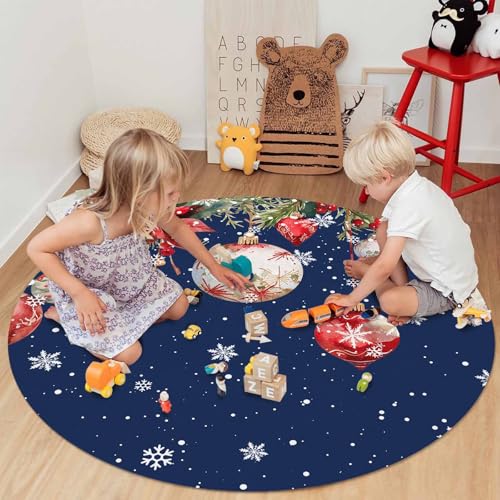 LooPoP 6ft Navy Blue Christmas Round Area Rug Poinsettia Snowflake Home Decor