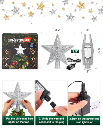 Silver Lighted Christmas Tree Topper Star with 3D Rotating LED Projector
