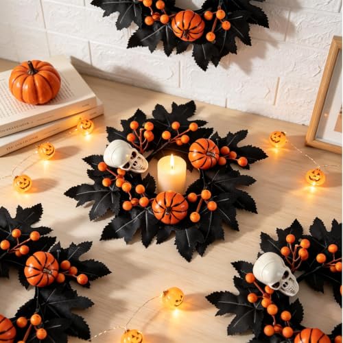 4 PCS Halloween Candle Rings with Skulls, Pumpkins, and Black Maple Leaves