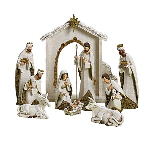 Ivory and Gold Christmas Nativity 10-Piece Set - Holiday Tabletop Decor