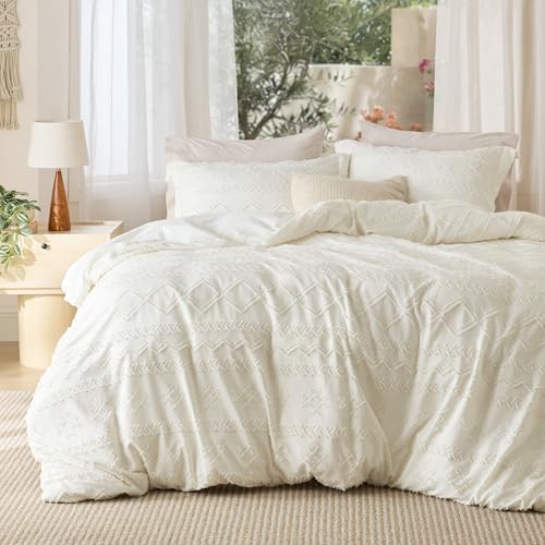 Boho Tufted Queen Duvet Cover Set - 3-Piece White Bedding with Shams