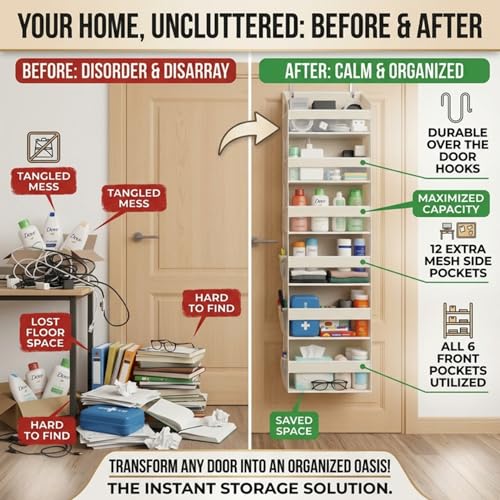 6-Tier Over the Door Storage Organizer with 12 Side Mesh Pockets - Ivory