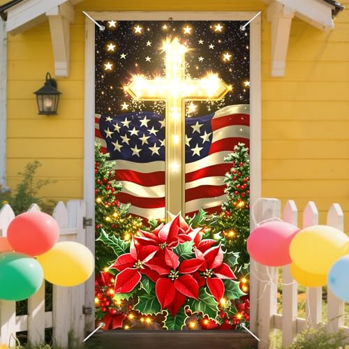 IVN Patriotic Cross Door Cover Christmas Flag with Poinsettias and Gold Cross - 35x71 Inch