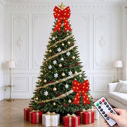 2 Pack Prelit Red Velvet Christmas Bows with 20 LED Lights & Remote Timer