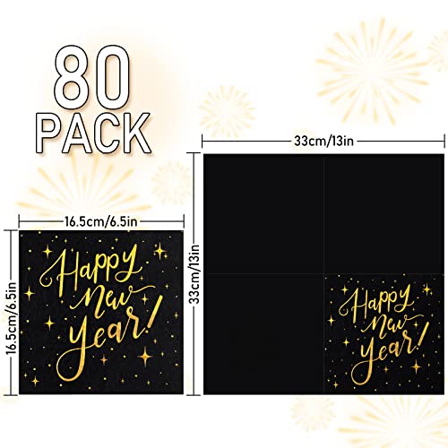 Whaline Black Gold Happy New Year Paper Napkins, 80 Pcs - Disposable Dinner Napkins