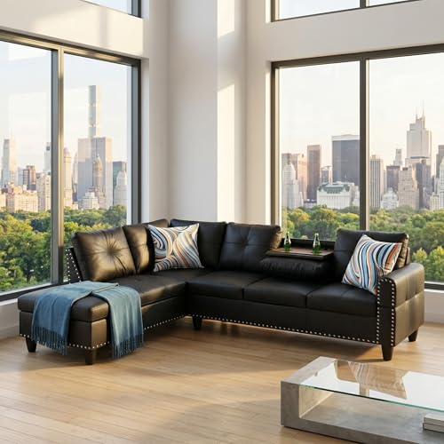 Modern L-Shaped Sectional Sofa with Cup Holders and Chaise, Black