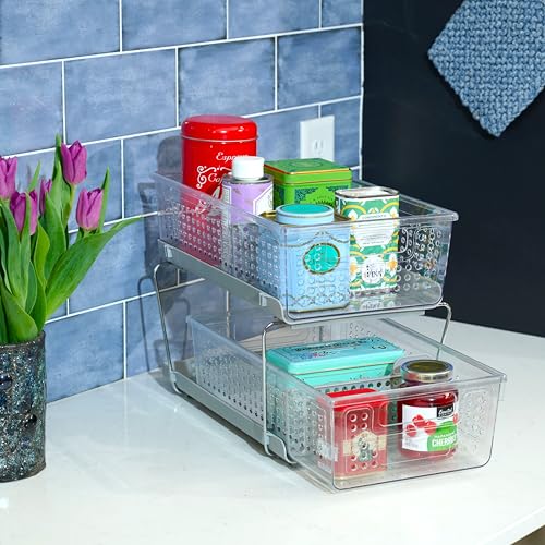 madesmart 2-Tier Organizer, Multi-Purpose Slide-Out Storage with Handles and Dividers for Home and Bath, BPA Free, Clear/Gray