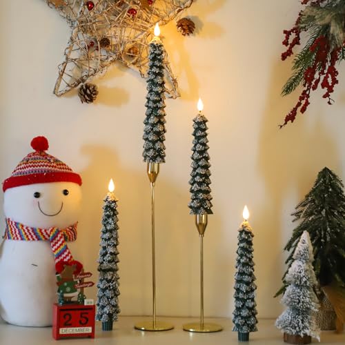 Green Christmas Flameless Tree Candles with Snowflakes - Remote, 4 Pack