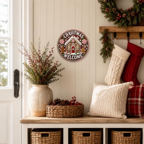 Christmas Welcome Gingerbread Metal Sign 8x8 Inch Round Holiday Decor - Brown, Red, White & Green