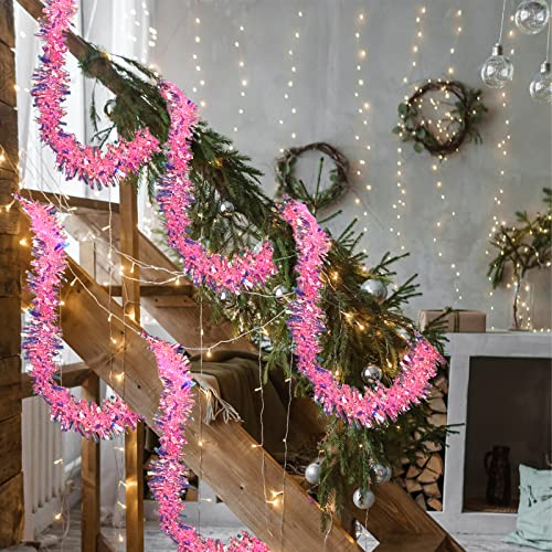 20ft Pink Iridescent Christmas Tinsel Garland with Star Accents