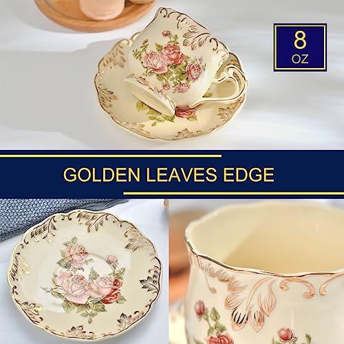 YOLIFE Pink Rose Tea Cup and Saucer Set - 8 oz Ceramic Vintage Collection