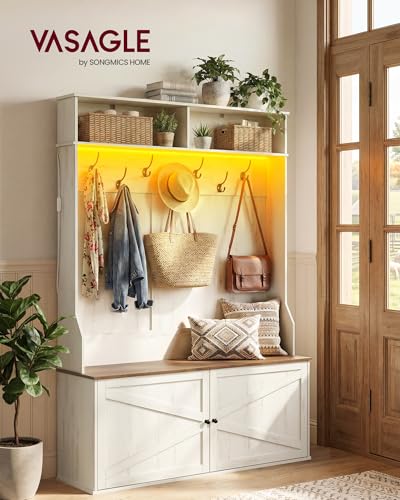5-in-1 Hall Tree with Shoe Bench, LED Lighting, and 7 Hooks, Rustic White