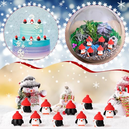 Soulchen 50 Pcs Mini Penguin Figurines with Red Hats for Christmas Decor, Resin Holiday Ornaments
