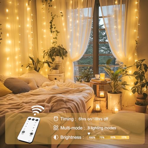 JMEXSUSS 300 LED Warm White Curtain Lights with Remote Control
