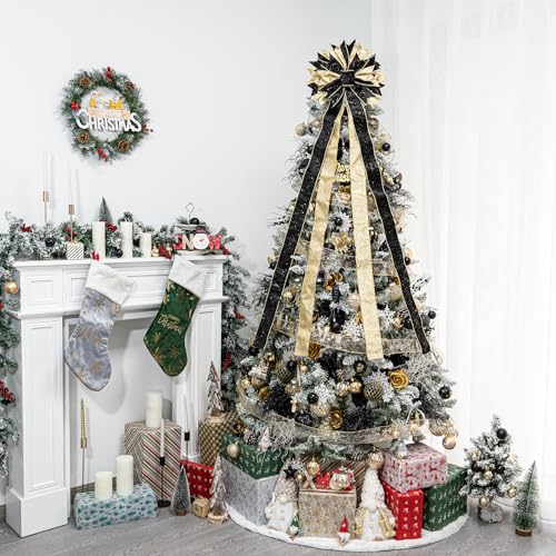Black & Gold Large Christmas Tree Topper Bow 53x13 Inches - Handmade Holiday Decor