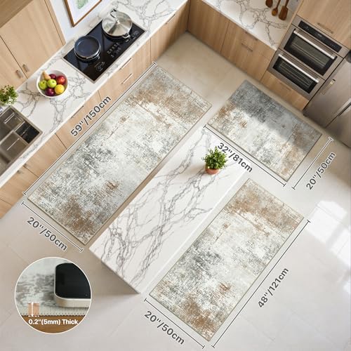 GENIMO Set of 3 Washable Non-Slip Kitchen Rugs Beige Brown 20x32/48/59 in