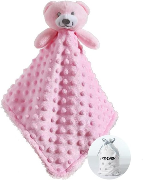 CREVENT Baby Security Blanket - Soft Minky Dot & Sherpa Backing | Pink Bear Lovey for Newborns
