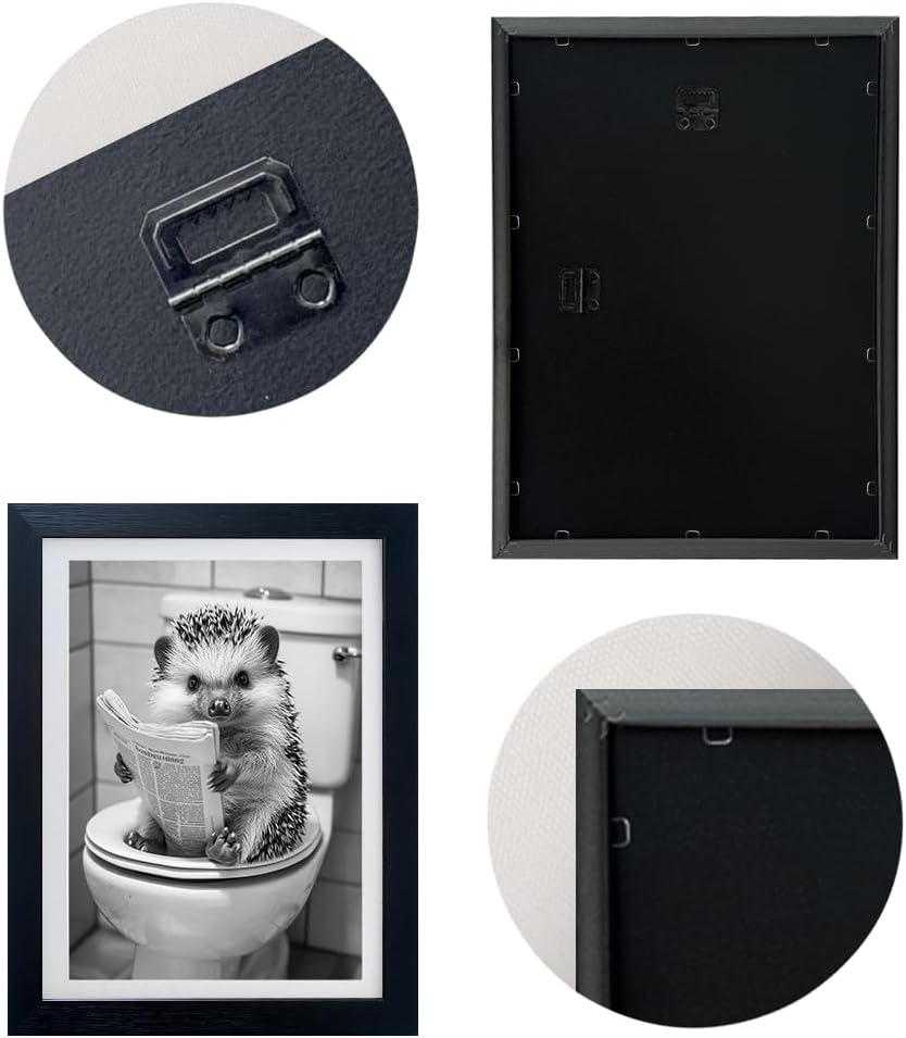 Regine Switzerland Funny Bathroom Wall Decor - Framed Black and White Hedgehog Reading Newspaper