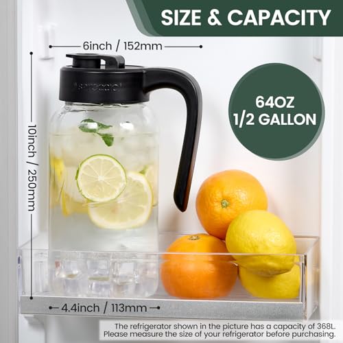 64 oz Glass Mason Jar Pitcher with Flip Lid & Handle - 2 Quart Pitcher